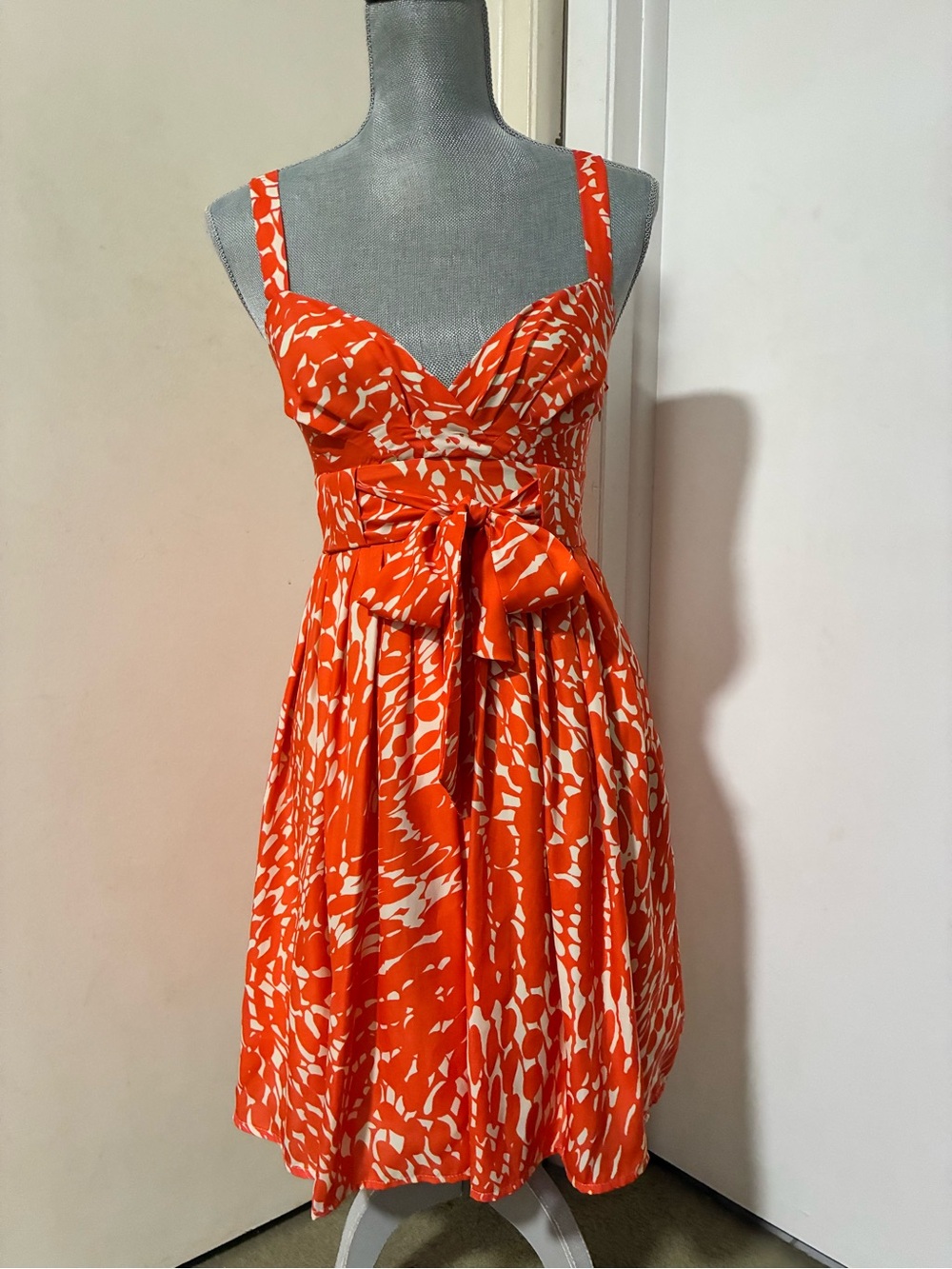 LC Lauren Conrad Orange and White Tie-Waist Midi Dress